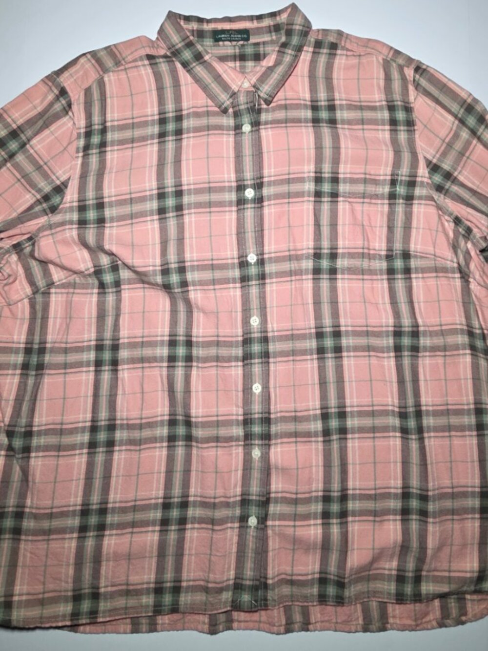 Lauren Jeans Co Womens Pink and Green Plaid Flannel Button Up Shirt Size = XL